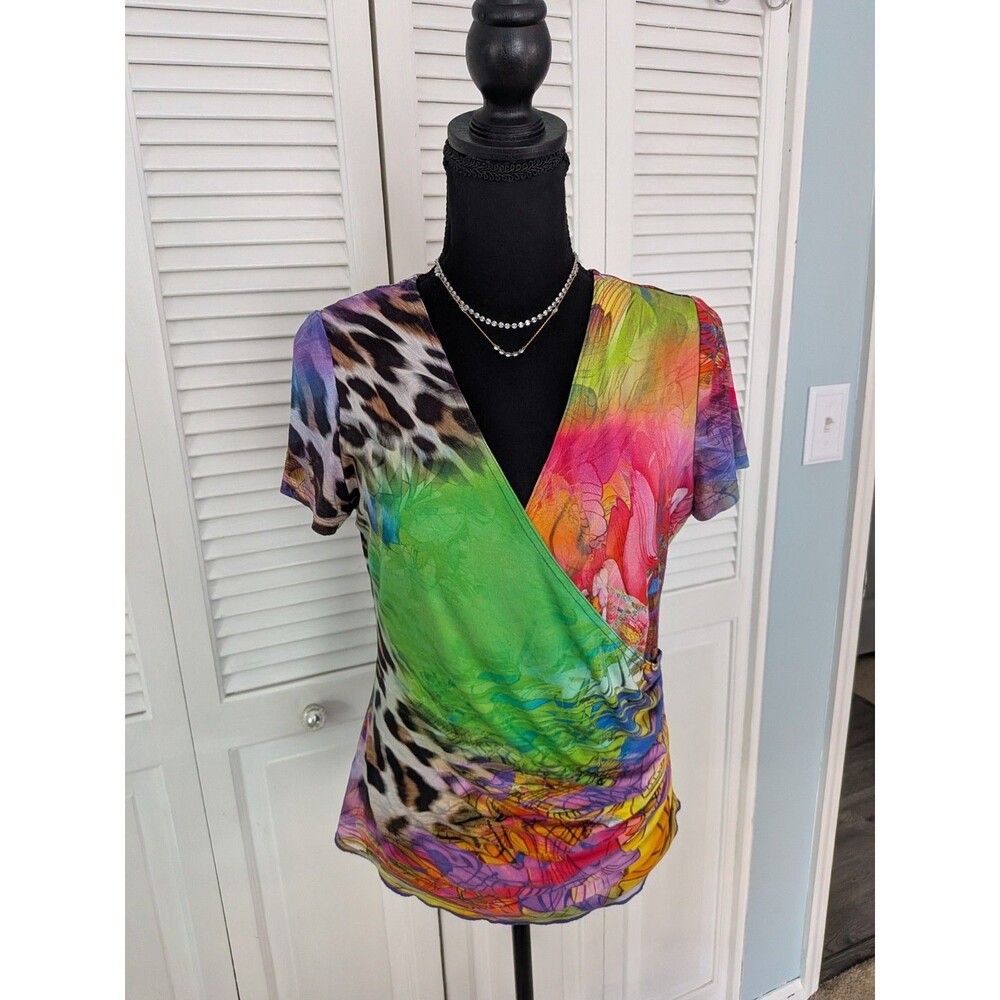 Joseph Ribkoff Vtg Top Women 12/M 90s Multi Tropical Art To Wear Surplice Blouse